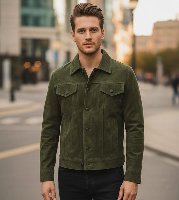 black dress with olive green jacket Men's Suede Leather Jacket, Genuine Suede Jacket, Vintage Button up Coat, Casual Streetwear, Gift for Him Harley Quinn Suicide Squad