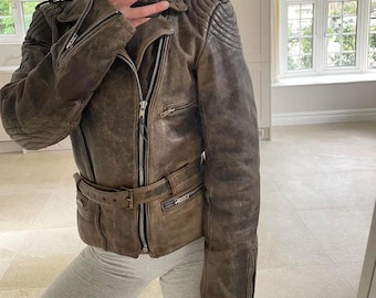 90's Vintage Distressed Brown Leather Biker Jacket for Women Handmade Leather Outerwear