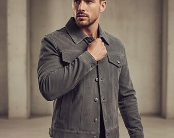 Chaqueta de cuero de gamuza gris para hombre / Abrigo clásico estilo camionero / Traje de Halloween vintage casual de moda de otoño / Regalo de Halloween hecho a mano para él