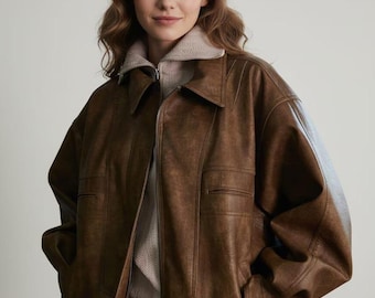Women's Oversized Brown Leather Bomber Jacket Vintage Distressed Jacket Retro Aviator Coat Relaxed Fit Zip Up Jacket Fall Winter Outerwear