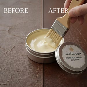 Puede incluir: Imagen de antes y despu&eacute;s que muestra el cuidado del cuero. Se utiliza un bote de crema y un pincel para tratar el cuero. Los textos "BEFORE" y "AFTER" son visibles. El bote est&aacute; etiquetado como "LUMI&Egrave;RE CUIR - CR&Egrave;ME R&Eacute;NOVATRICE SUP&Eacute;RIEURE".