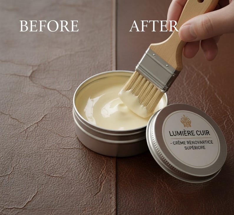 Puede incluir: Imagen de antes y despu&eacute;s que muestra el cuidado del cuero. Se utiliza un bote de crema y un pincel para tratar el cuero. Los textos "BEFORE" y "AFTER" son visibles. El bote est&aacute; etiquetado como "LUMI&Egrave;RE CUIR - CR&Egrave;ME R&Eacute;NOVATRICE SUP&Eacute;RIEURE".