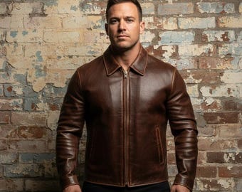 Chaqueta bomber vintage de cuero marrón desgastado para hombre: chaqueta de aviador retro de los años 90.