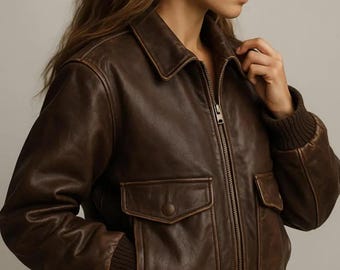 Women’s Handmade Leather Bomber Jacket | Vintage Aviator Style Brown Genuine Leather | 90s Oversized Coat Retro Grunge Vintage Jacket Gift