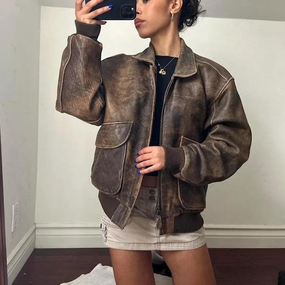 Vintage Distressed Brown Leather Bomber Jacket 90s Oversized Aviator Coat Retro Grunge Unisex Flight Jacket Handmade Vintage Jacket Gift