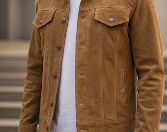 Chaqueta de camionero de ante color canela para hombre / Abrigo vintage estilo western / Abrigo de ante auténtico / Chaqueta informal de otoño para hombre