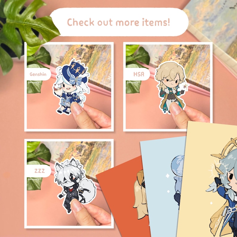 May include: A collection of colorful stickers featuring anime-style characters. The stickers are held by a person's hand. The text "Check out more items!" is at the top. The stickers have the text "Genshin", "HSR", and "ZZZ".