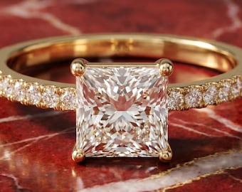 Princess Cut Lab-Grown Diamond Halo Engagement Ring – 9K/14K Yellow Gold Pave Setting