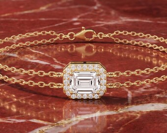 Lab Diamond Bracelet - 14K Gold Double Chain, Emerald Cut Halo