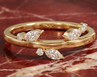 Marquise Diamond Cluster Ring, 14K Gold Vine Leaf Band, Nature Inspired Stackable Ring