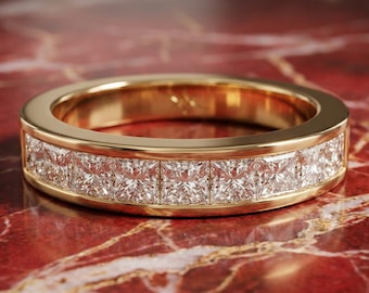 18K GOLD  Princess Cut Diamond Channel Set Band – Elegant Wedding & Anniversary Ring for Women