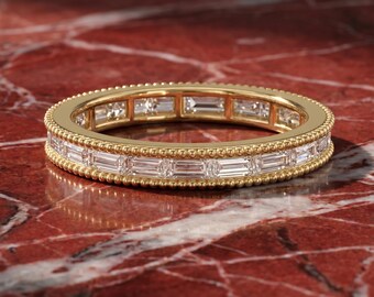 10K/14K Solid Gold Baguette Lab Grown Diamond Band – Milgrain Detailing Wedding Ring