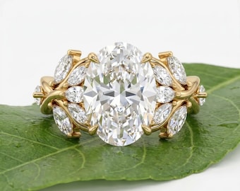 Oval Diamond Engagement Ring Nature Inspired Marquise Leaf Side Stone Ring