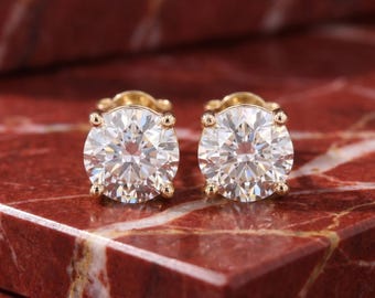 14K White & Yellow Gold Lab Grown Round Diamond Stud Earrings Classic Solitaire Studs