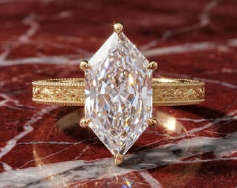 14K Yellow Gold Duch Marquise Diamond Engagement Ring – Vintage Engraved Solitaire Bridal Jewelry