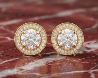 Lab-Grown Diamond Halo Stud Earrings, Vintage Filigree, Bridal, 14K 18K Gold