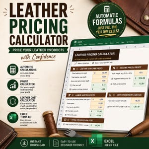 May include: A digital leather pricing calculator spreadsheet displayed on a screen, featuring sections for leather costs, labor, and profit margins. The interface includes text labels, input fields, and automatic calculation formulas for leather goods.