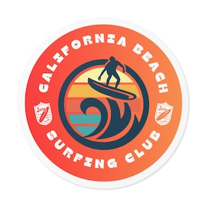 California Beach Surfing Club Round Vinyl Stickers, Surfing Decor, Ocean Lovers Gift, Beach Party Accessories, California Vibes, Summer Fun