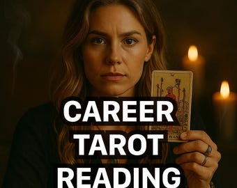 Può includere: Una carta dei tarocchi con l'illustrazione del Tre di Bastoni tenuta in mano, con il testo CAREER TAROT READING sovrapposto in grassetto bianco su uno sfondo scuro e scarsamente illuminato da due candele.