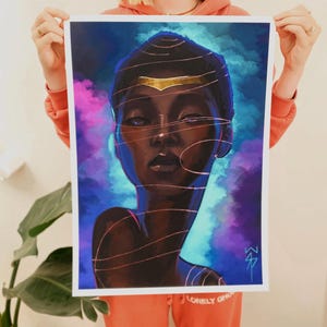 She Reigns — Cosmic Portrait Print — Hand Embossed Archival Art Prints or Postcard | Ethereal Black Woman in Clouds