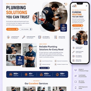 Könnte beinhalten: Eine Wix Studio Website-Vorlage für Flowex Services, ein Sanitärunternehmen. Das Layout umfasst einen Hero-Bereich mit einem Klempner unter einem Waschbecken, Navigationsmenüs, Service-Highlights, Statistiken und eine mobile Ansicht des Designs.