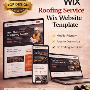 以下が含まれることがあります： 屋根工事サービス向けのWixウェブサイトテンプレートを紹介するデジタルマーケティング画像。デザインは、ウェブサイトインターフェースを表示するラップトップ、タブレット、スマートフォンが特徴です。「Roofing Service Wix Website Template」というテキストが含まれています。