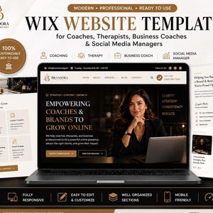 Könnte beinhalten: Eine Wix-Website-Vorlage für Coaches, Therapeuten und Social-Media-Manager. Das Display zeigt einen Laptop-Bildschirm mit der Brandora Digital Strategy Homepage, inklusive Text über Markenentwicklung sowie Werbegrafiken und Icons.