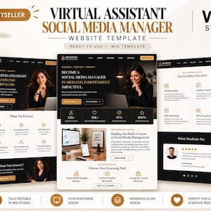 Puede incluir: Una plantilla de sitio web de Wix Studio para asistente virtual y gestor de redes sociales. El diseño presenta un esquema de color en blanco y negro con detalles dorados, mostrando secciones de servicios y testimonios.