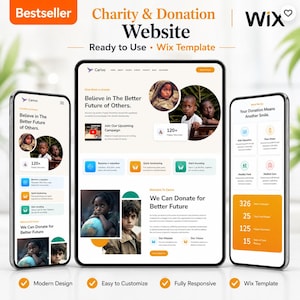 Puede incluir: Una maqueta digital de una plantilla de sitio web de caridad, que se muestra en una tableta y dos teléfonos inteligentes. El diseño del sitio web presenta imágenes de niños, con el texto "Believe in The Better Future of Others". El diseño incluye iconos y el texto "We Can Donate for Better Future."
