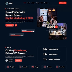 May include: A dark-themed website landing page for Seonix featuring white and red text. It displays sections for digital marketing services, company information with statistics, and service categories including analysis, research, design, and SEO.