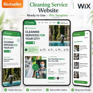 May include: A digital mockup of a cleaning service website on three devices: a tablet and two smartphones. The website displays the text "Cleaning Services for Your City" and features images of cleaning services.