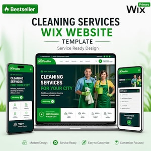 May include: A Wix website template for cleaning services displayed on a laptop and two smartphones. The design features a green and dark color scheme with text reading Cleaning Services Wix Website Template and Poolito branding throughout.