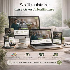 May include: A website template for care givers and healthcare professionals displayed on a desktop computer, laptop, tablet, and smartphone. The website features the text "Senior care services that feel like family." Additional icons and text are also visible.