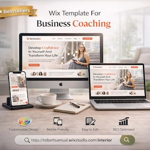 May include: A digital marketing image showcasing a Wix template for business coaching. The image features a desktop computer, laptop, and smartphone displaying a website design. Text includes "Develop Confidence In Yourself And Transform Your Life". Additional icons highlight design features.