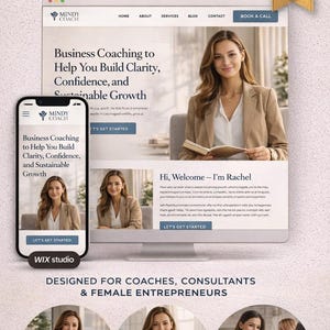 May include: A business website template design featuring a desktop computer and a smartphone displaying a website. The website promotes business coaching for clarity, confidence, and sustainable growth. The design is for coaches, consultants, and female entrepreneurs.