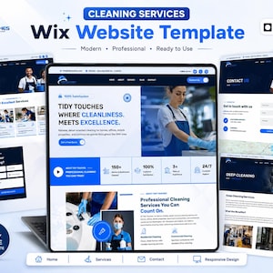 May include: A Wix website template for cleaning services featuring a blue and white colour scheme. The layout displays multiple pages including home, services, and contact sections with text such as Tidy Touches Where Cleanliness Meets Excellence.