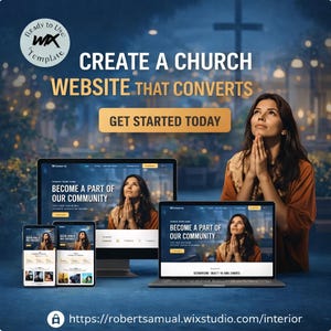 May include: A promotional image showcasing a website template for churches. The text reads "Create a Church Website That Converts" and "Get Started Today." The image displays a laptop, desktop, and mobile devices with a website interface. A woman is praying.