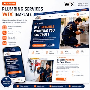 May include: A Wix website template for plumbing services featuring a dark blue and orange colour scheme. The layout displays a hero section with a plumber, service highlights, contact information, and a mobile view of the same website design.