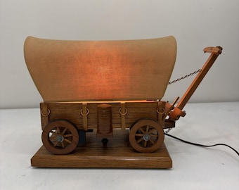 Lámpara de carreta cubierta de madera vintage, eléctrica, FUNCIONA, Western, 16.5" x 11"
