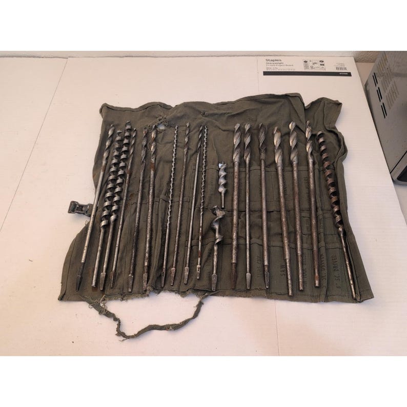 Lot Of 19 Vintage Antique Drill Bits Bell System Irwin Greenlee With Canvas Case image 1