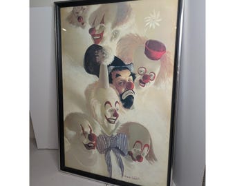 Vintage MCM Turner Väggtillbehör Enorm Robert Owen 7 ansikten av en clown 37"x25"