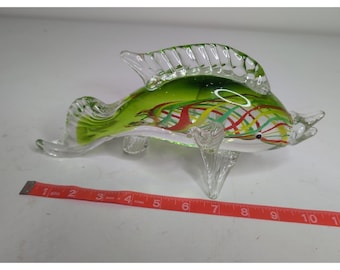 Vintage mundgeblasene Murano Glas gesprenkelte Fische mit grünen und orangen Körper 10 "
