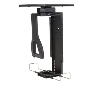 May include: Black computer case mount with a silver-colored metal bracket. The mount has a handle-like design and a rectangular base. The mount is designed to hold a computer case.