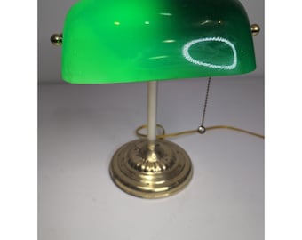 Vintage Brass Bankers Desk Lamp Green Glass Pull Chain