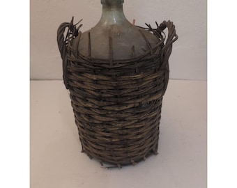 Vintage 5 Gallon Carboy Glass Bottle In Brown Wicker Casing With Handles