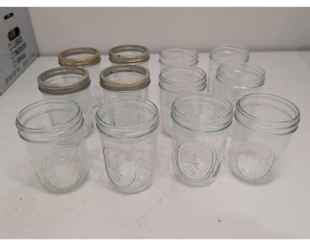 Lot/12 vintage genomskinliga bollburkar med vid öppning, 355 g, fruktmotiv, USA