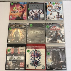 May include: A collection of nine PlayStation 3 video games including Zumba Fitness, Fallout: New Vegas, Virtua Tennis 3, Deus Ex: Human Revolution, The Elder Scrolls IV: Oblivion, Dead Island, Wolfenstein: The New Order, The Sims 3, and Dishonored.