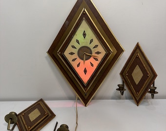 Rare United Clock Corp Model 37 Diamond Clock 23.5" w/ Candle Sconces MCM VTG