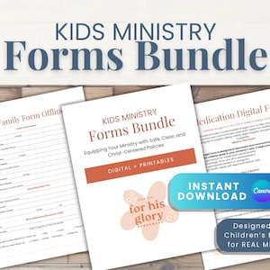 Könnte beinhalten: Ein Bundle ausdruckbarer Formulare für die Kinderarbeit, darunter ein neues Familienformular und ein digitales Medikamentenformular. Die Formulare sind weiß mit orangefarbenen und blauen Akzenten, mit dem Text "KIDS MINISTRY Forms Bundle".