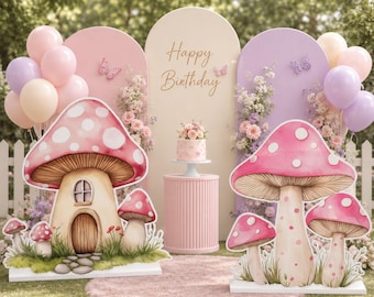 Sprookjespaddenstoel grote decoratieve uitstansingen, sprookjesachtige verjaardagsfeestdecoratie, bloemenprinses direct te downloaden